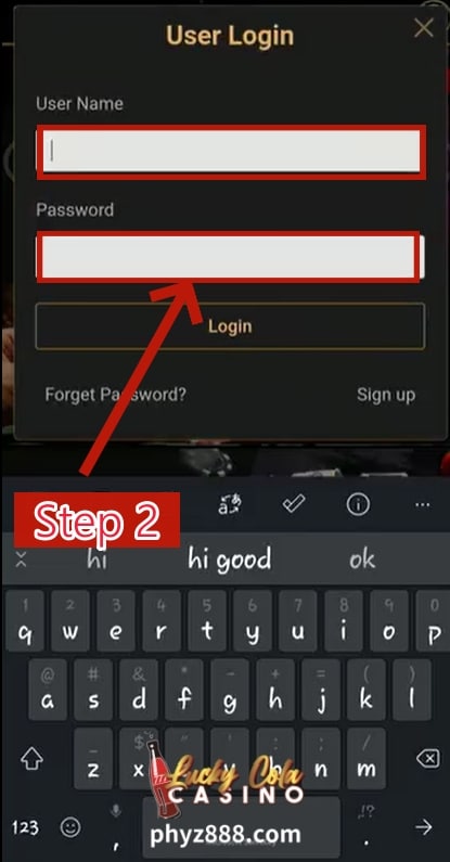 Lucky Cola login step by step tutorial 6 Sa pahina ng pag-login, ipasok ang username at password na ginamit mo upang magparehistro.